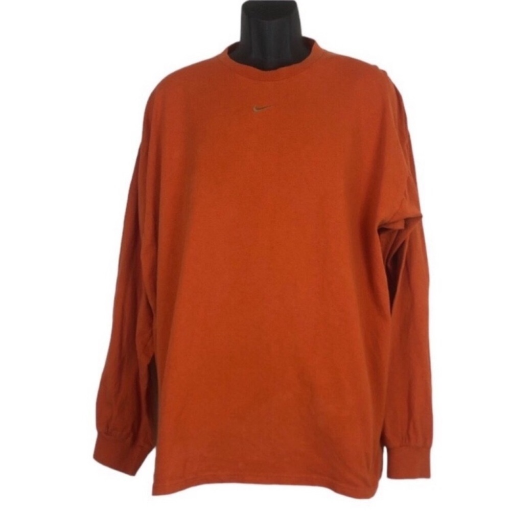 NIKE Mens Sz XL Crew Neck Long Sleeve Orange Cotton T SHIRT Embroidered Swoosh